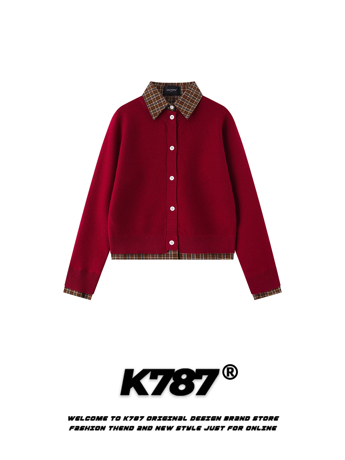Áo len cardigan giả hai mảnh kiểu Mỹ cổ điển K787, phối họa tiết ca rô, dáng ôm, màu đỏ đậm, chất liệu len ngắn dành cho nữ