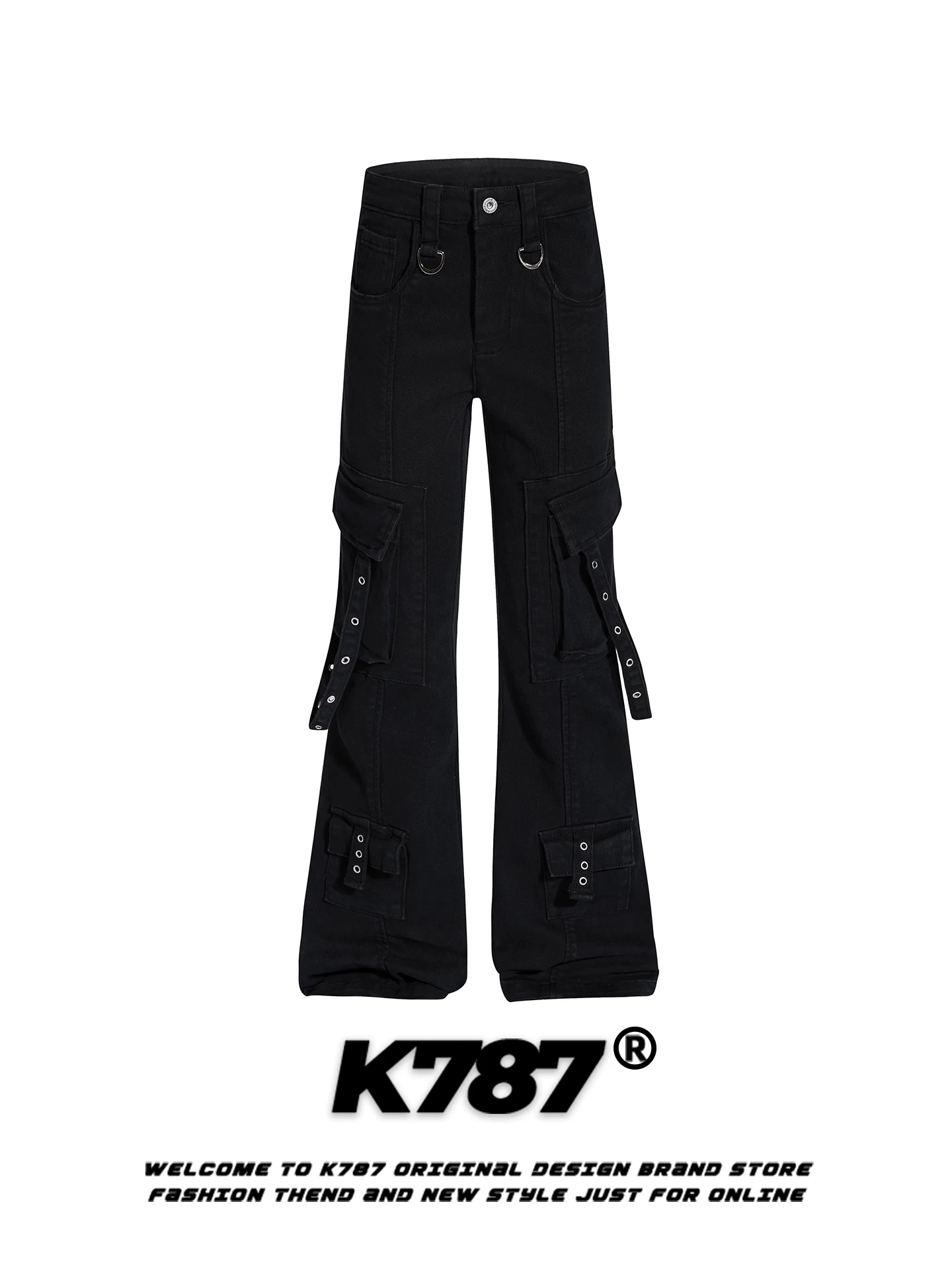 Quần jeans ống loe nhiều túi kiểu Mỹ cổ điển K787, unisex, rộng rãi, thời trang, cạp cao, phối nơ, màu đen, quần dài thường ngày