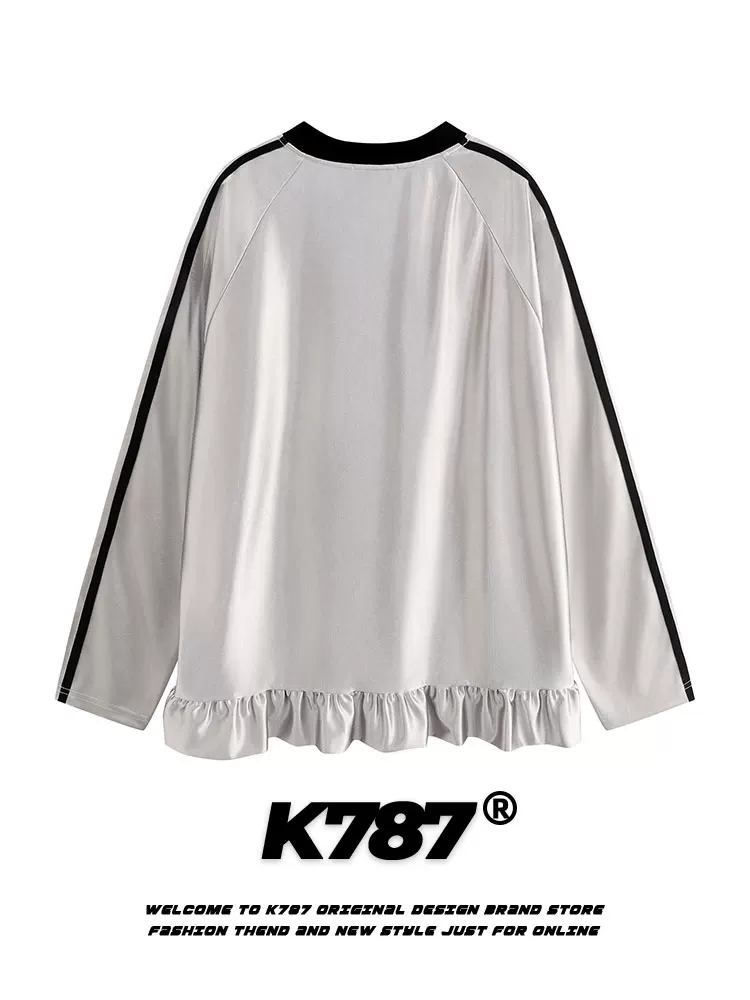 K787 Áo nỉ cổ đứng kiểu dáng cổ điển của Mỹ có cổ đứng xếp ly cổ chữ V áo nỉ oversize mùa xuân áo thể thao dáng rộng