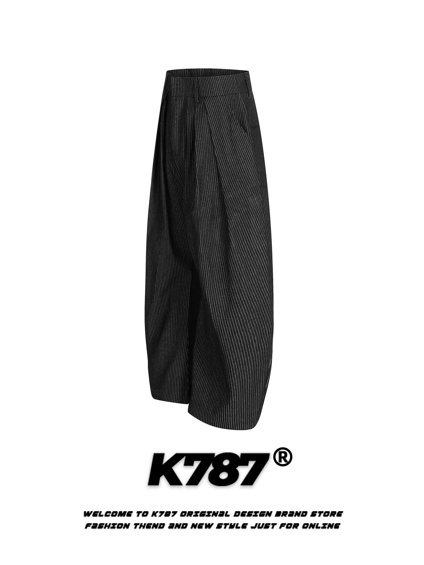 Quần K787 kiểu Mỹ cổ điển, kẻ sọc, xếp ly, dáng xẻ tà, unisex, rộng rãi, thoải mái, hợp thời trang, cạp cao, ống rộng, dài chạm sàn
