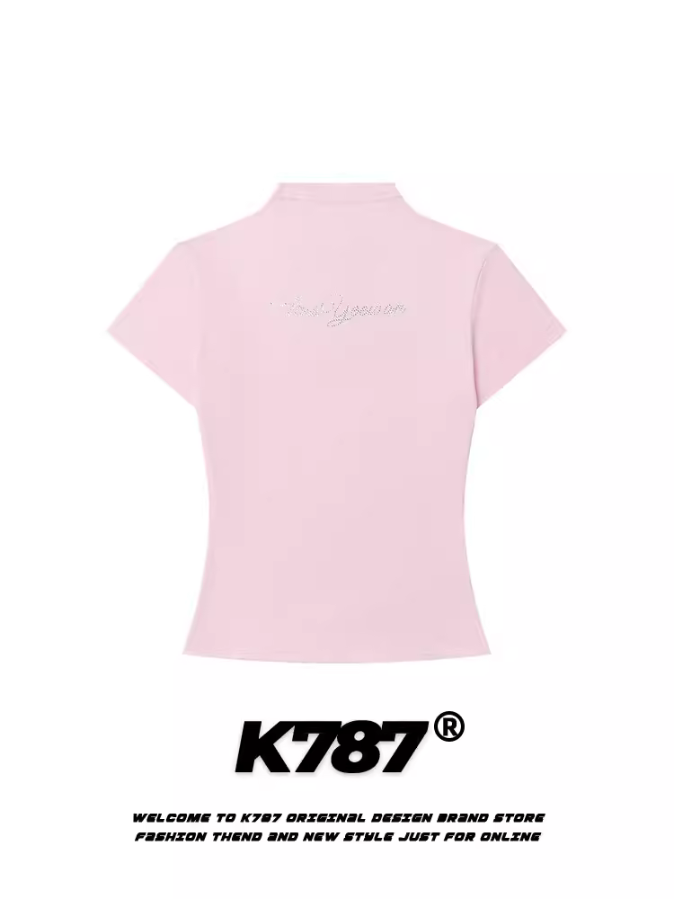 Áo thun ngắn tay kiểu K787 phong cách girl cá tính, cổ đứng, phong cách BM, ôm eo, thuần khiết gợi cảm, đa năng phong cách Y2K, trang trí đá lấp lánh.