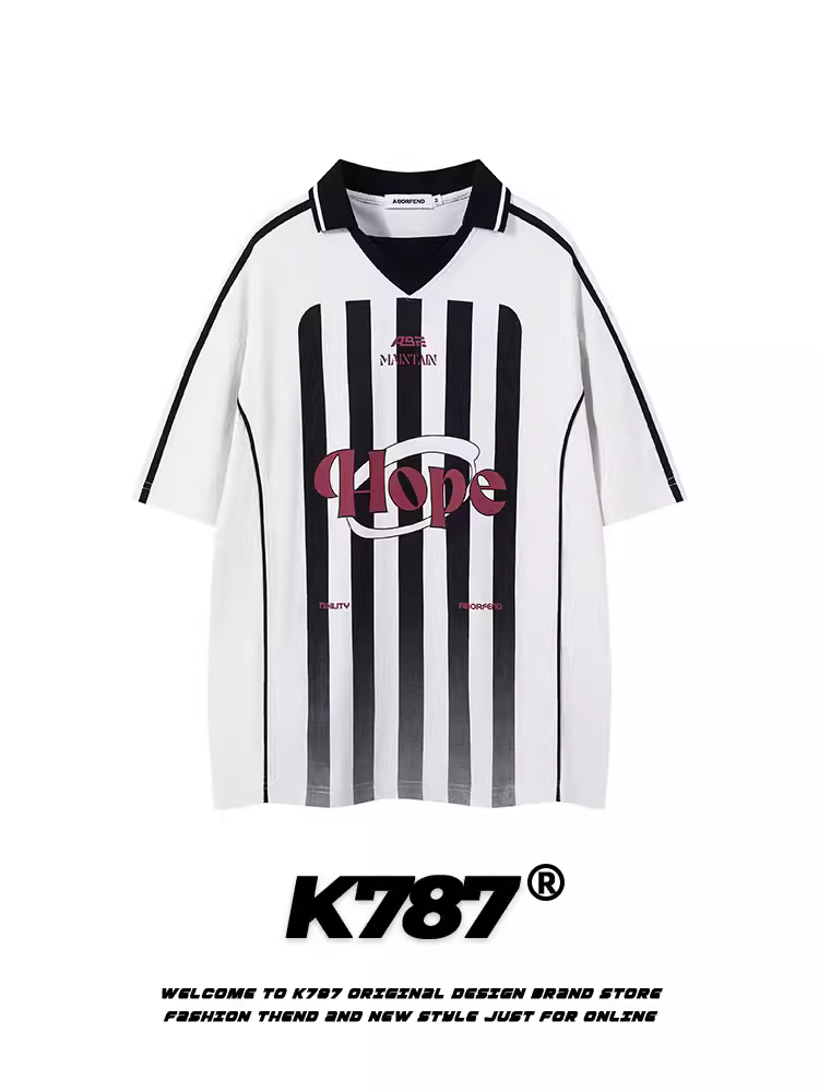 Áo thun tay ngắn cổ trụ kẻ sọc retro Mỹ K787 dành cho nam nữ, kiểu dáng rộng rãi, thoải mái, cặp đôi.