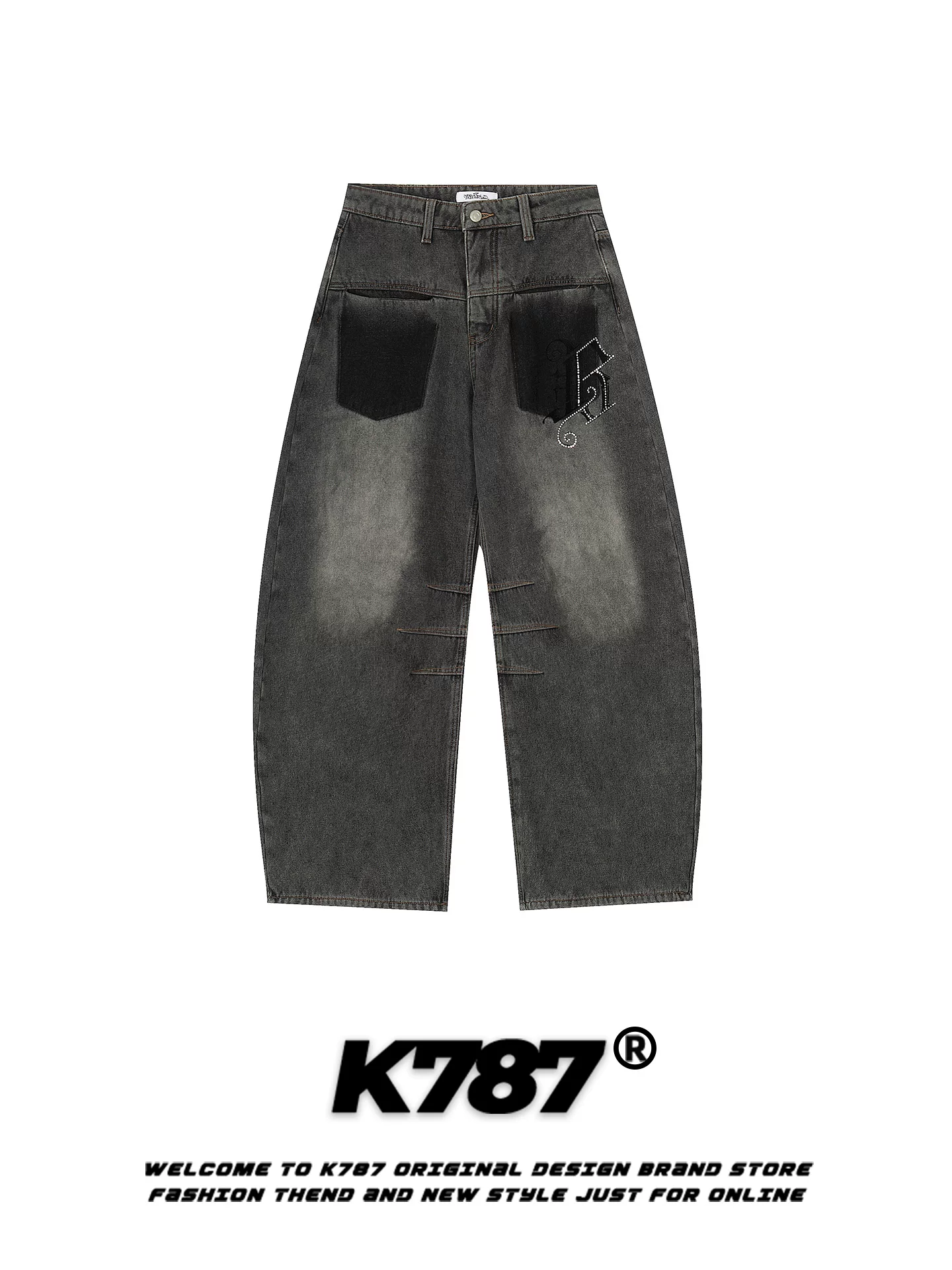 Quần jeans unisex K787 kiểu Mỹ cổ điển, in chữ, rách, dáng rộng, xu hướng thời trang, cạp cao, phong cách đường phố, ống rộng kiểu kiếm.