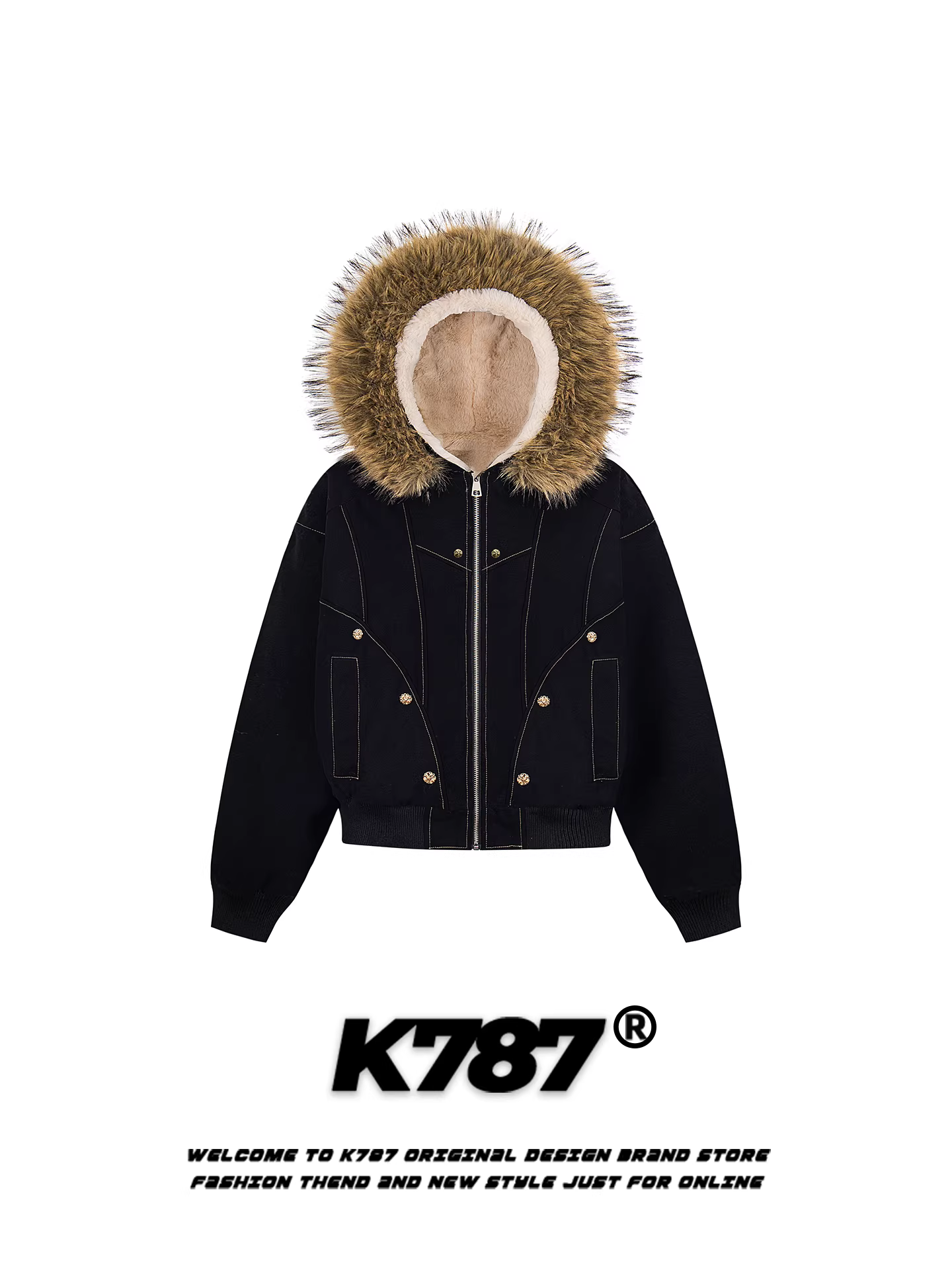 Áo khoác cotton có mũ trùm đầu cổ lông phong cách retro Mỹ K787 dành cho nam, áo khoác cotton có khóa kéo ấm áp, rộng rãi, kiểu dáng cặp đôi.