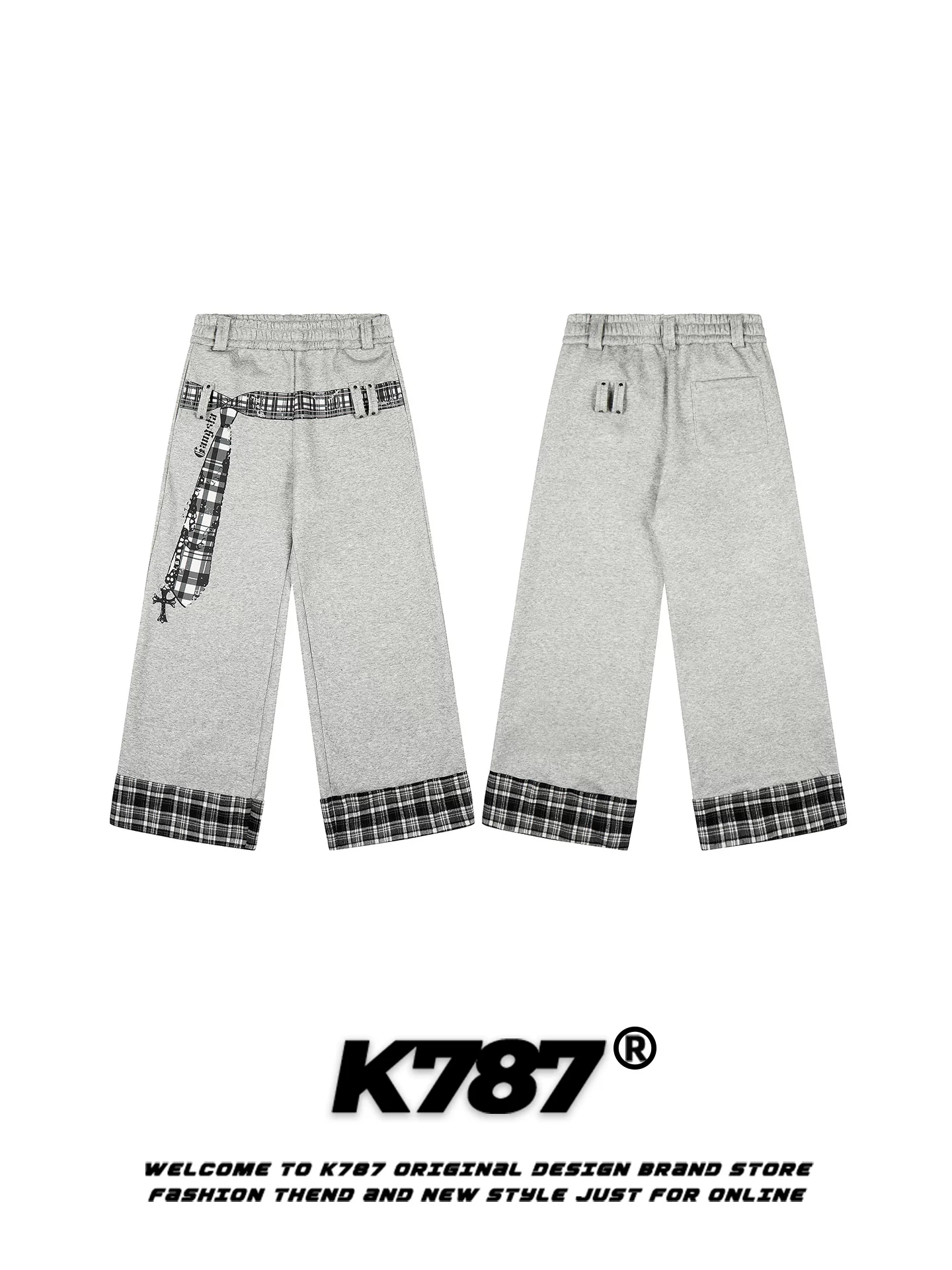 Quần jogger kẻ caro in họa tiết kiểu Mỹ K787 dành cho nam và nữ, dáng rộng, phong cách thoải mái, cạp cao, ống rộng, thẳng.