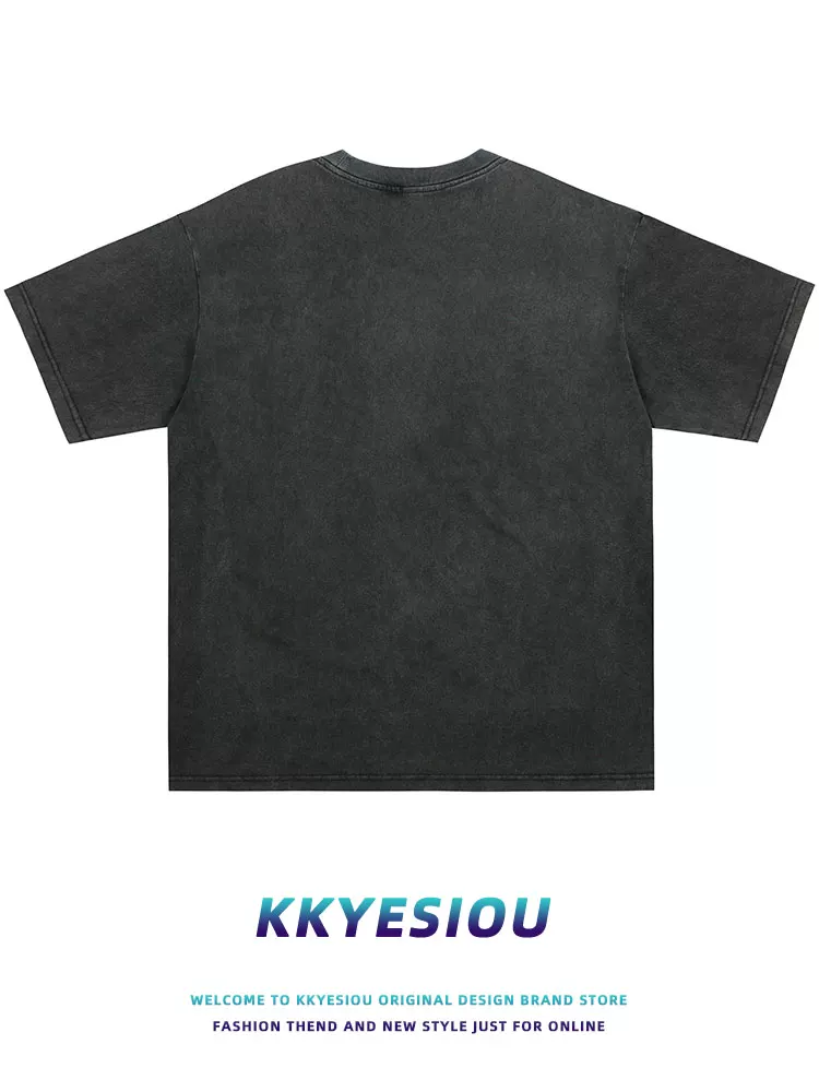 Áo thun ngắn tay KKyesiou phong cách retro Mỹ, hip-hop, họa tiết rắn, unisex, dáng rộng, chất liệu washed, dành cho cặp đôi
