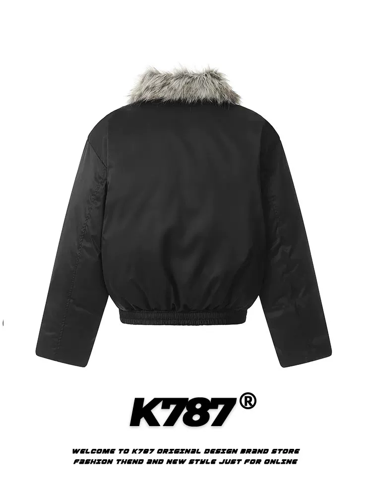 K787 Áo khoác cotton ngắn dày dặn phong cách retro Mỹ dành cho nam và nữ, áo khoác cotton thắt eo phong cách Chanel theo xu hướng quốc gia dành cho mùa đông.
