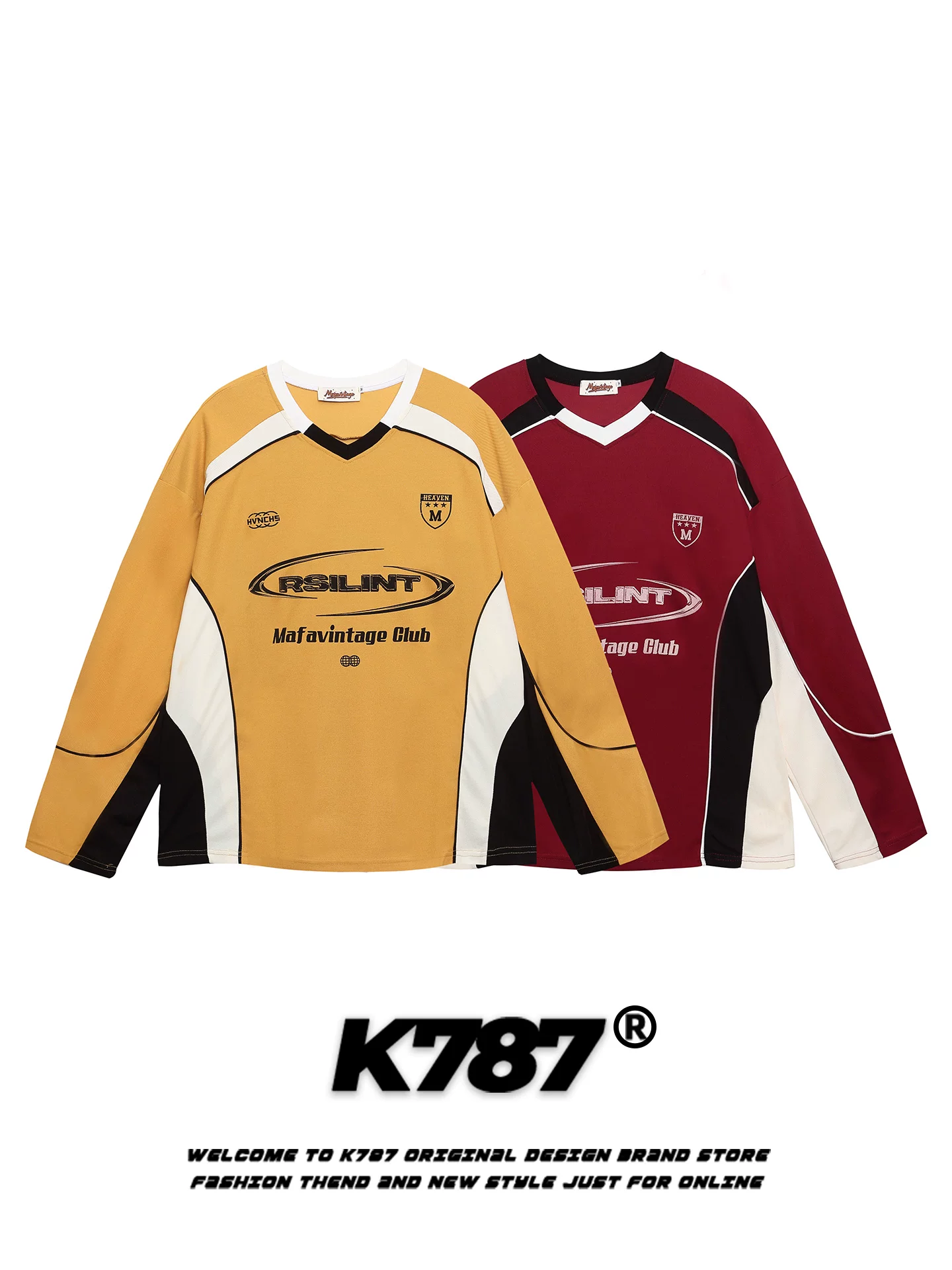 K787 Áo thun dài tay cổ chữ V phối màu theo phong cách retro của Mỹ unisex phong cách thể thao jersey in chữ áo dáng rộng