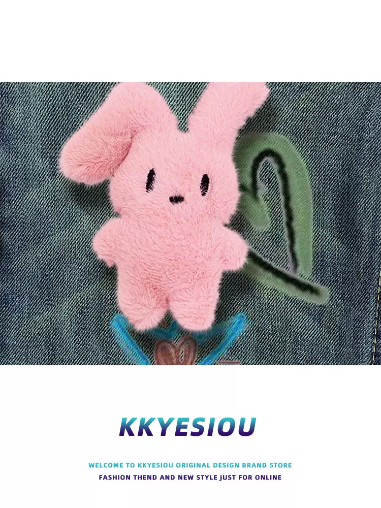 KKyesiou dopamine hoạt hình dễ thương chắp vá quần denim giản dị unisex phong cách retro Mỹ thương hiệu hợp thời trang dễ thương chân thẳng