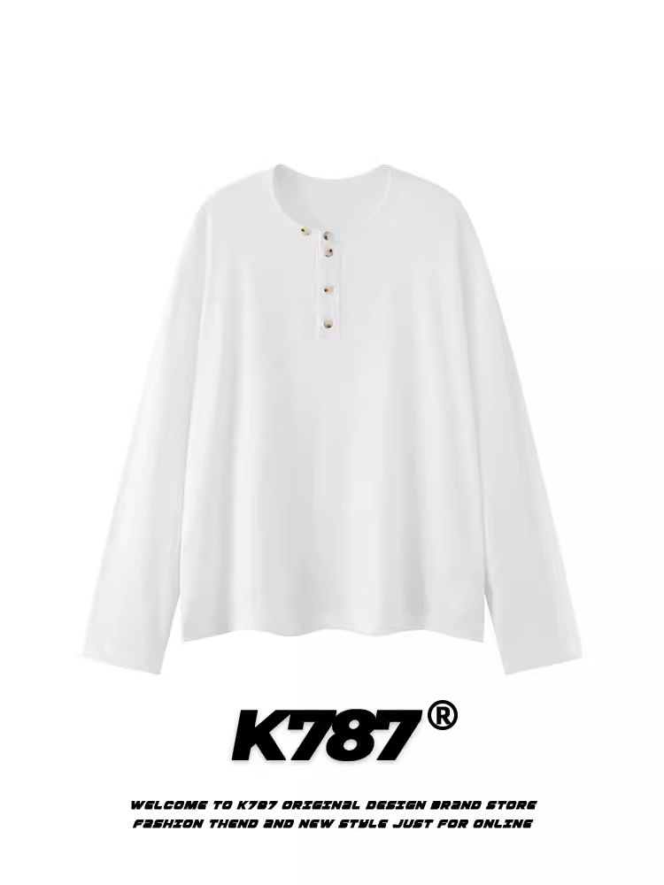 Áo thun tay dài cổ Henry màu trơn phong cách retro Mỹ K787 dành cho nam và nữ, kiểu dáng rộng rãi, thoải mái, áo basic