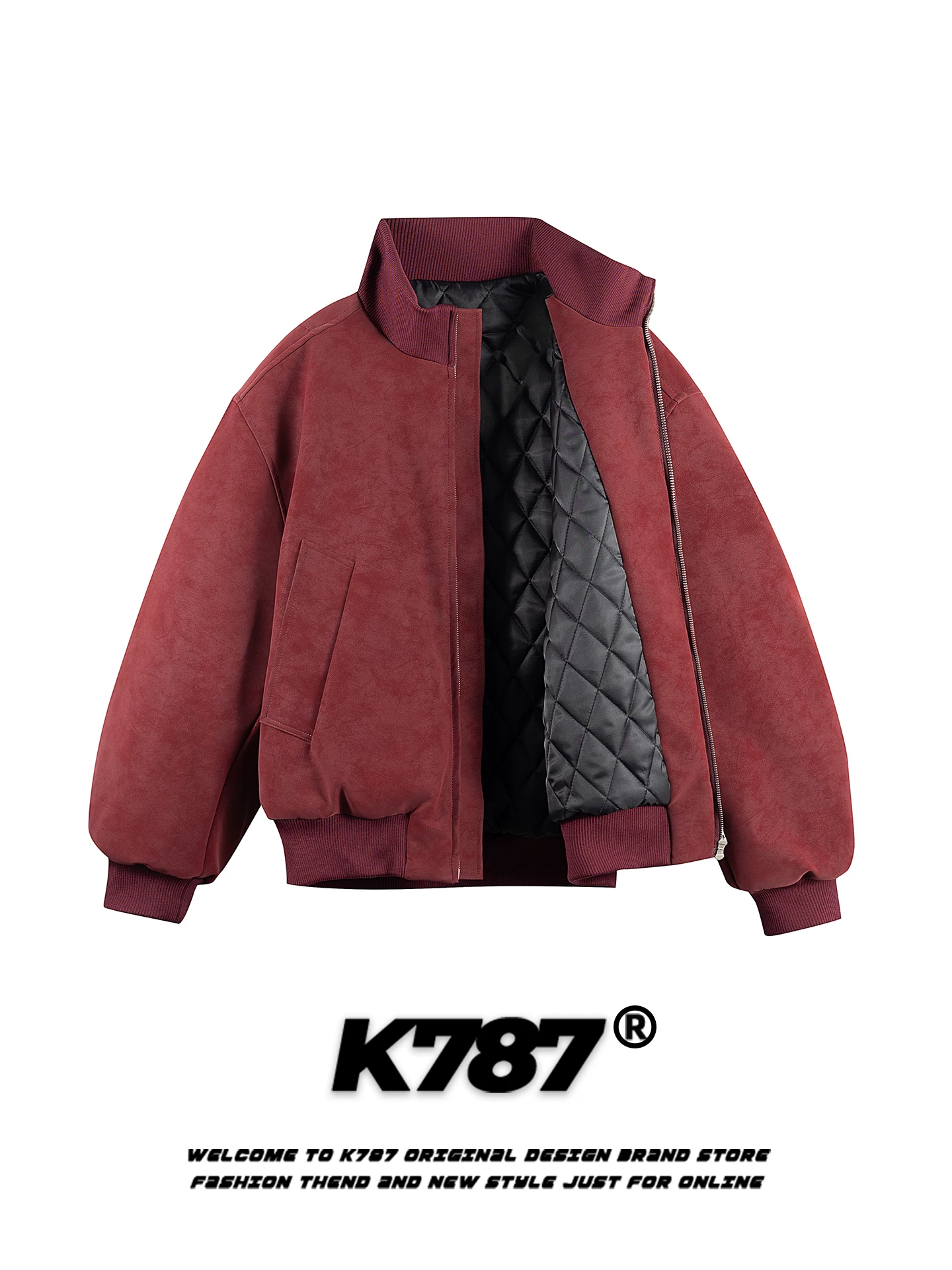 Áo khoác cotton cổ đứng chất liệu da PU kiểu Mỹ cổ điển K787 dành cho nam và nữ, áo khoác biker đường phố rộng rãi, áo khoác cotton ấm áp cho mùa đông.