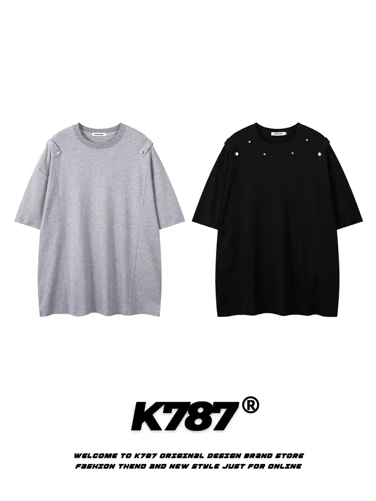 K787 Áo thun ngắn tay phong cách retro Mỹ màu trơn giản dị đường phố unisex oversize hip-hop đính đá cặp đôi