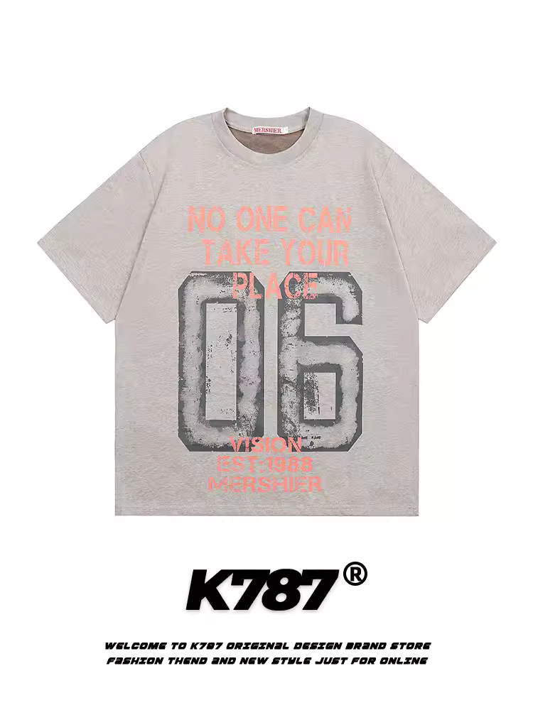 K787 Áo thun ngắn tay in chữ phong cách retro Mỹ dành cho nam và nữ, áo chui đầu, dáng rộng, đa năng, áo cặp thể thao.