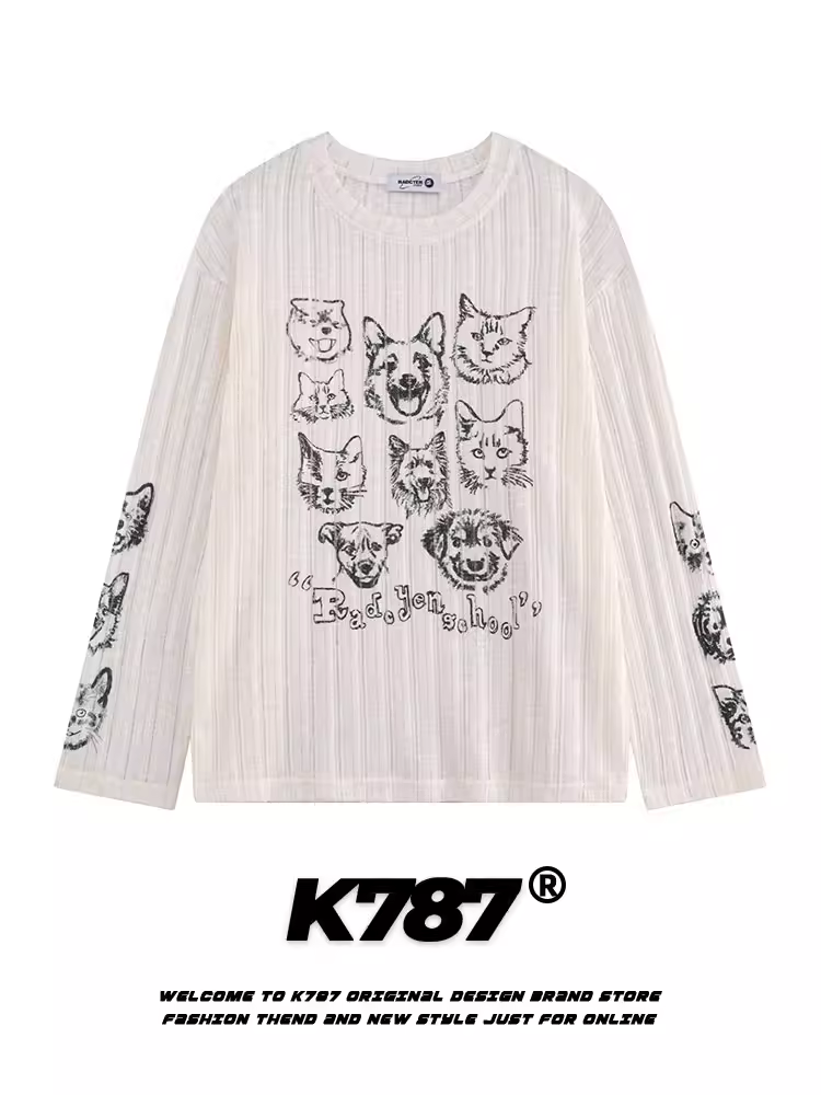 K787 Hot Girl Fun Thin Cat and Dog Print Áo thun dài tay in hình mèo và chó Áo khoác dài tay mỏng quá khổ Áo khoác ngoài