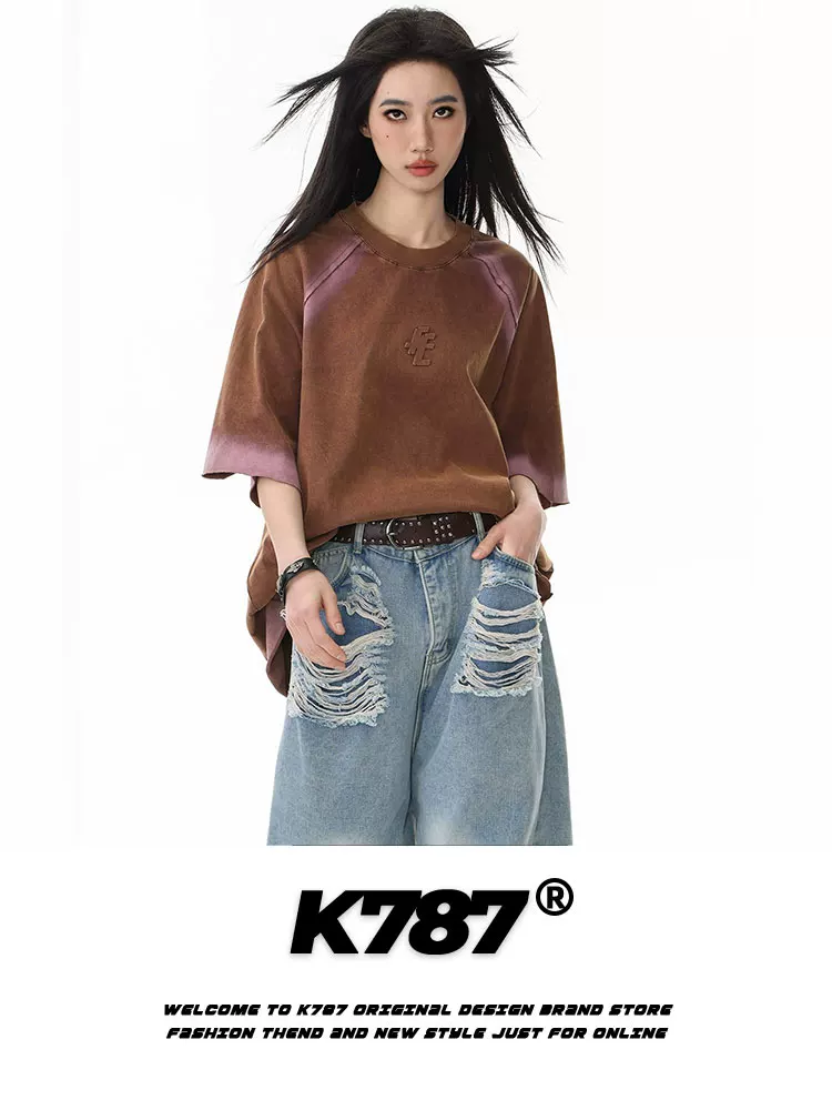 Áo thun ngắn tay kiểu đường phố cổ điển Mỹ K787, kiểu dáng rộng thùng thình, phong cách hip-hop, dành cho nam và nữ.