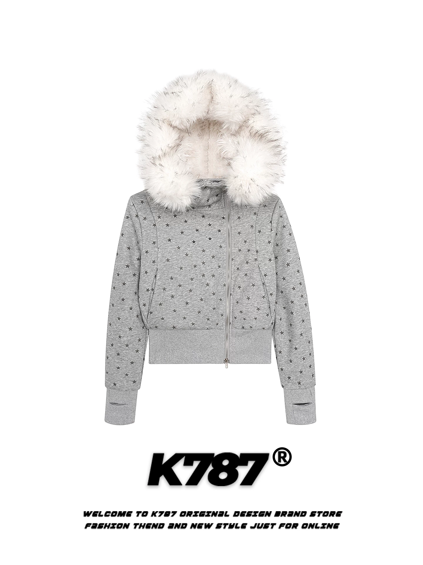 Áo khoác cotton có mũ trùm đầu cổ lông in hình ngôi sao phong cách retro Mỹ K787 dành cho nữ, lót lông cừu, dày dặn, ấm áp, áo khoác cotton ngắn cho mùa đông.