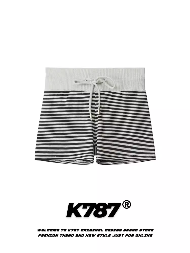Quần short nữ K787 kiểu Mỹ cổ điển, sọc, dây rút, lưng rộng, phong cách thường ngày, quần thể thao ôm sát, dáng thẳng, tôn dáng, thích hợp cho mùa hè