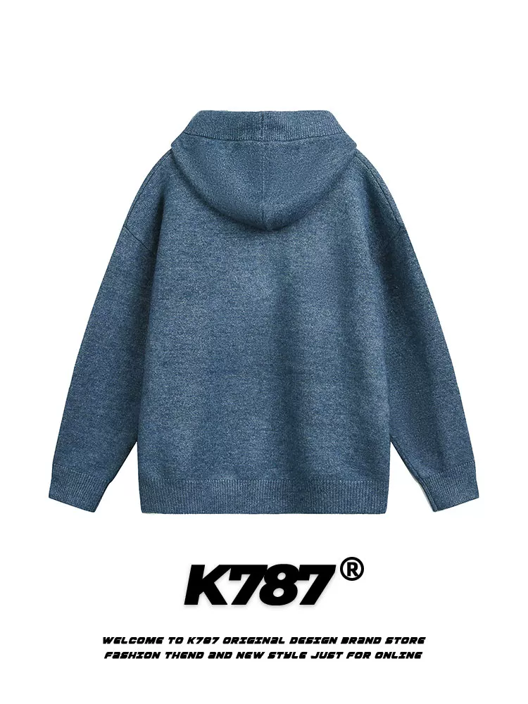 Áo len dệt kim có mũ nửa khóa kéo kiểu Mỹ cổ điển K787 dành cho nam và nữ, áo hoodie phong cách giản dị thoải mái mùa thu.