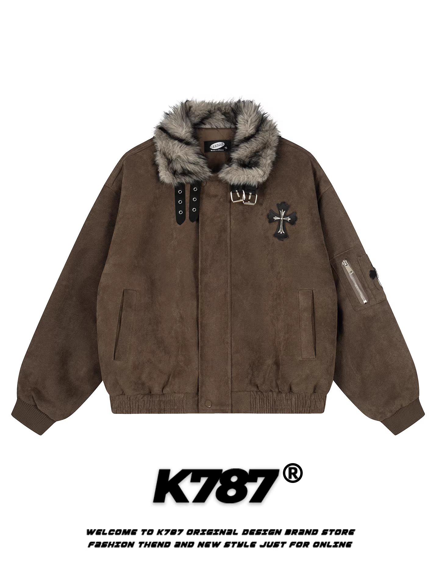 Áo khoác cotton cổ lông họa tiết chéo phong cách đường phố Mỹ K787 dành cho nam và nữ, dáng rộng, áo khoác cotton lót ấm, áo khoác cotton có khóa kéo theo xu hướng quốc gia dành cho cặp đôi.