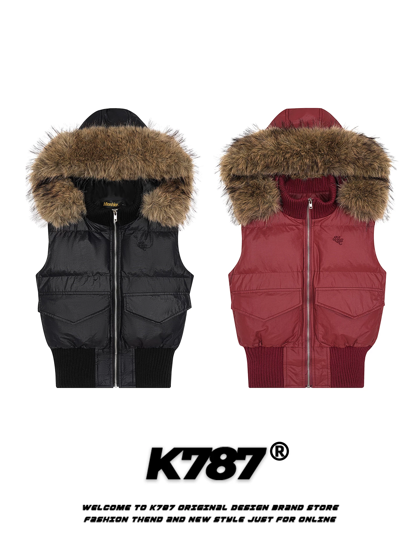 Áo khoác vest cotton có mũ trùm đầu, cổ lông thú lớn, phong cách retro Mỹ K787 dành cho nữ, áo khoác cotton dày dặn giữ ấm mùa đông.