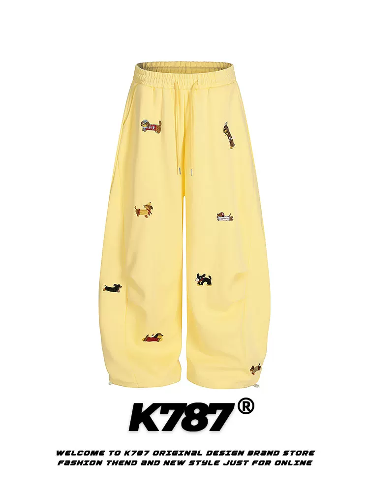 Quần thể thao rộng ống rộng phong cách retro Mỹ K787 thêu hình chó, unisex, cạp cao, kiểu dáng thoải mái, đa năng