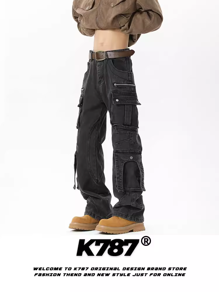 Quần cargo denim nam K787 kiểu Mỹ cổ điển, xước, cạp cao, nhiều túi, kiểu dáng thẳng, chất liệu vải washed.