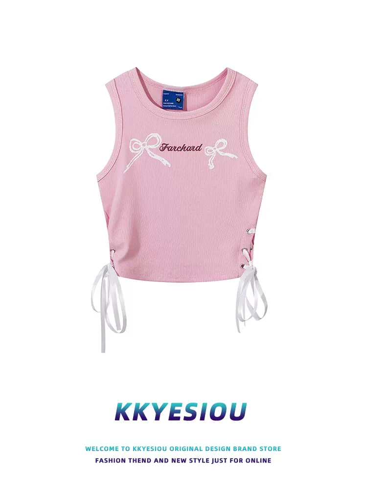 Áo gile ngắn đa năng kiểu bướm, phong cách preppy, cạp cao, xếp ly, không tay, chất liệu thun, dành cho nữ, thương hiệu KKyesiou.