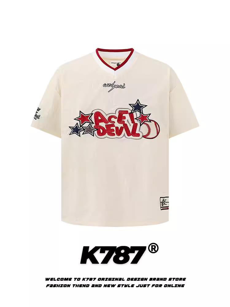 Áo thun ngắn tay cổ chữ V thêu thể thao cổ điển kiểu Mỹ K787 dành cho nam và nữ, thoáng khí, đa năng, áo jersey rộng rãi, áo nửa tay dành cho cặp đôi.