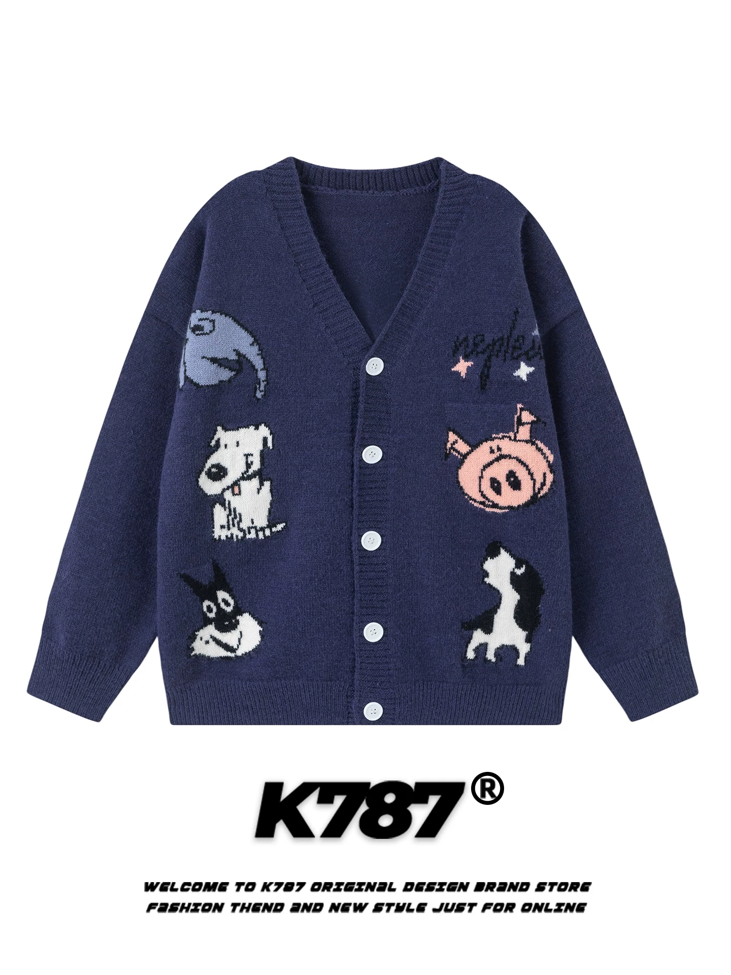 Áo len cardigan dệt kim họa tiết động vật cổ điển kiểu Mỹ K787 dành cho nữ, áo khoác dáng rộng cổ V phong cách thoải mái, thích hợp đi làm