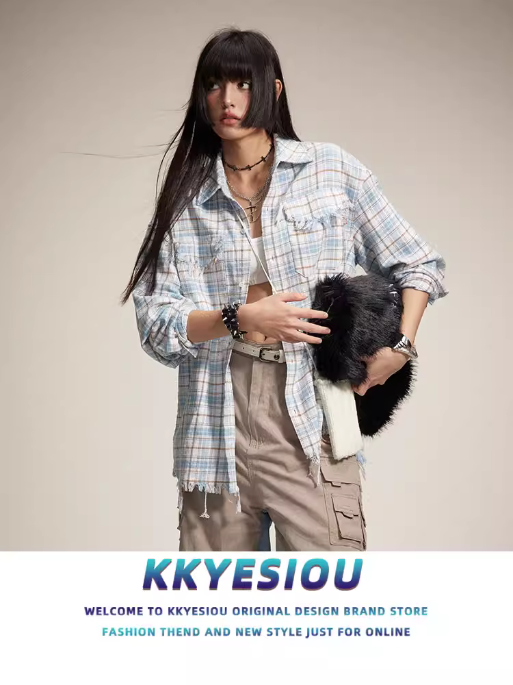 Áo sơ mi dài tay kiểu Mỹ cổ điển kẻ sọc KKyesiou dành cho nam và nữ, áo khoác cặp đôi mùa xuân cổ điển