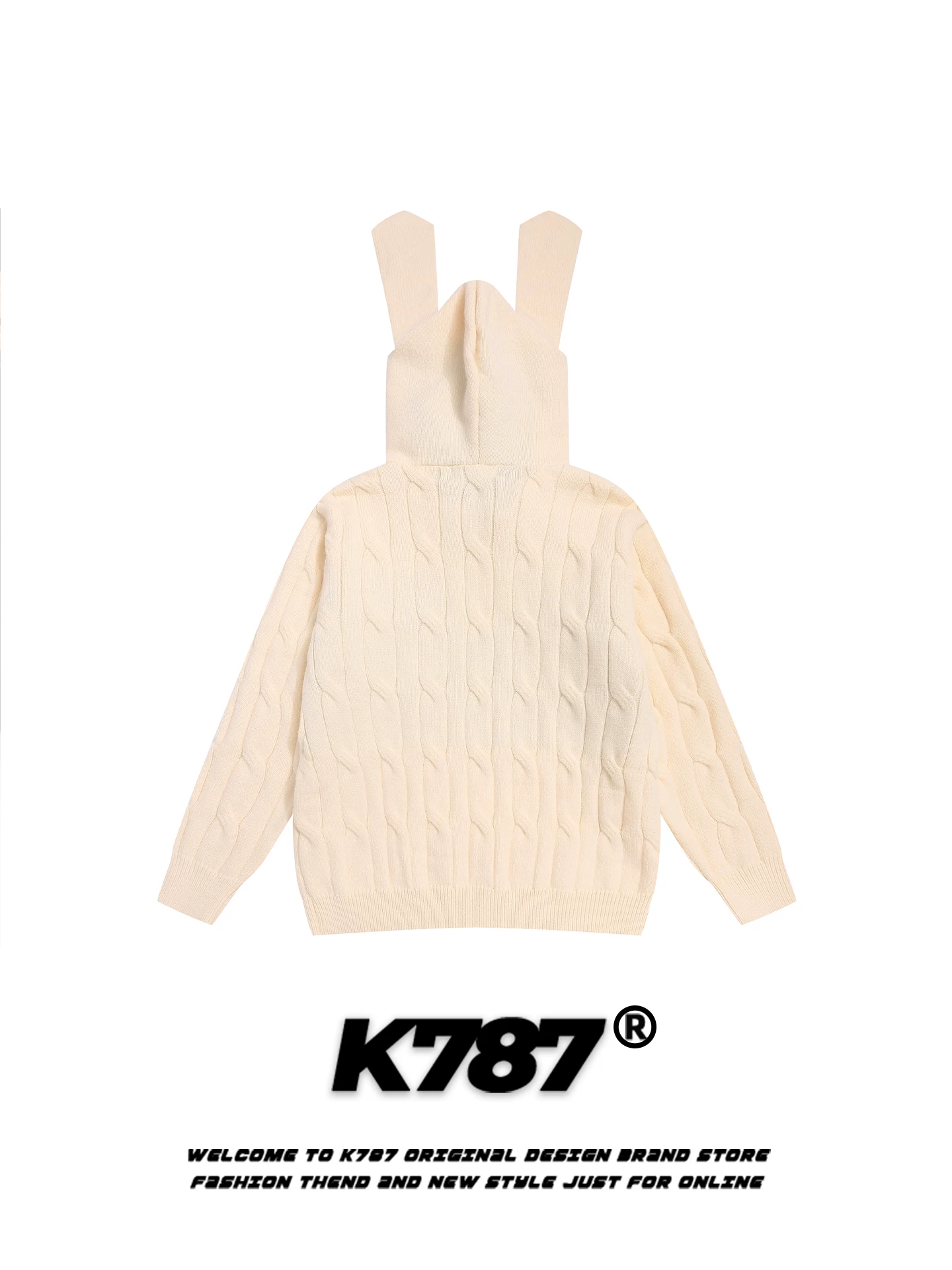 K787 Áo len có mũ trùm đầu cổ lông cổ điển kiểu Mỹ có tai thỏ dễ thương dành cho nữ, mềm mại và trẻ trung, phong cách giản dị và lười biếng