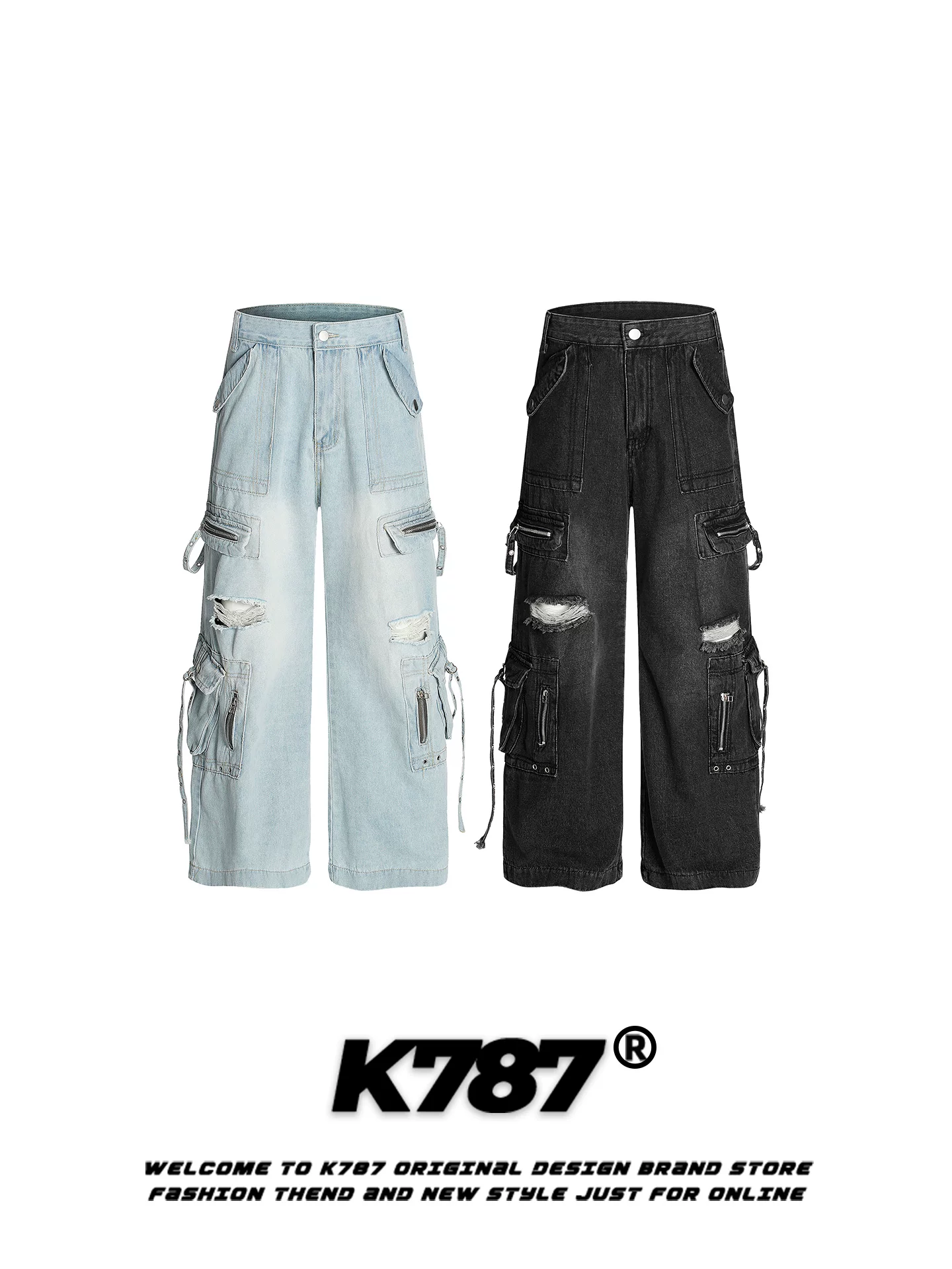 Quần jeans unisex kiểu dáng đường phố, phong cách hoang tàn, nhiều túi, rách, kiểu Mỹ cổ điển K787, cạp cao, ống rộng, dáng thẳng