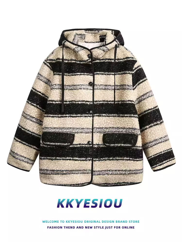 Áo khoác cotton dày có mũ trùm đầu kiểu Mỹ cổ điển sọc kẻ của KKyesiou dành cho nam và nữ, phong cách Chanel mùa đông 2024, áo khoác lót bông