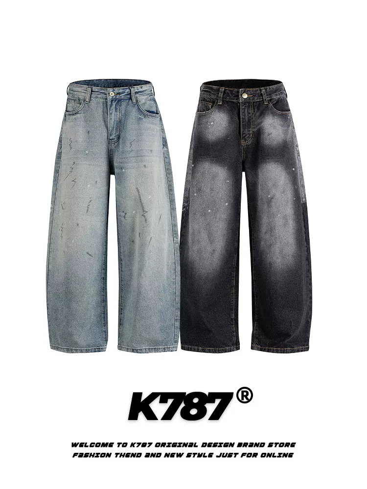 Quần jeans K787 kiểu Mỹ cổ điển, xước, nhuộm màu, dành cho nam và nữ, phong cách đường phố, cạp cao, dáng rộng, ống thẳng, kiểu quần lửng.
