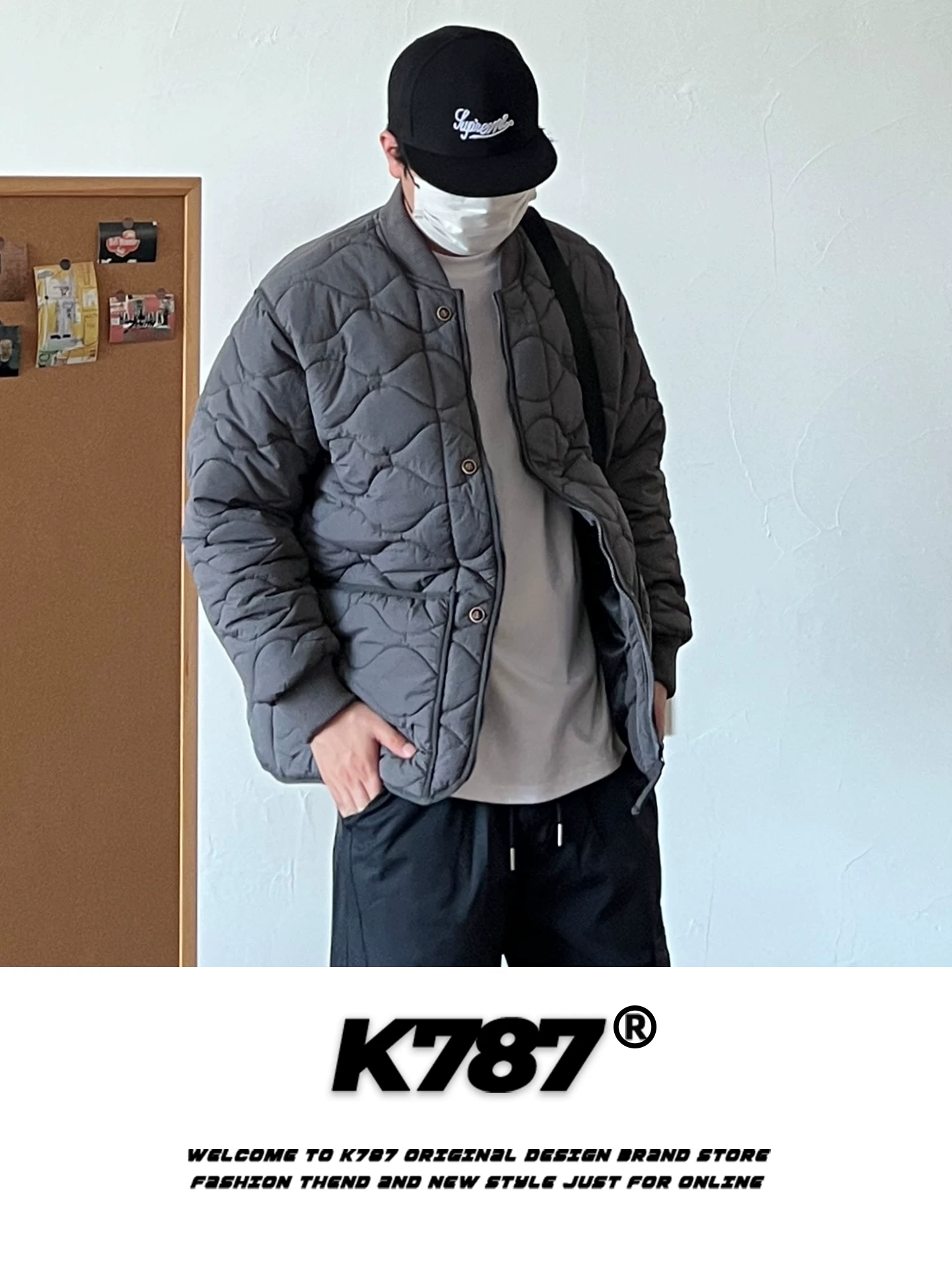 Áo khoác cotton cổ đứng họa tiết bầu kiểu Mỹ cổ điển K787 dành cho nam và nữ, dáng rộng, dày dặn giữ ấm, áo khoác cotton có khóa kéo mùa đông 2025 dành cho cặp đôi.