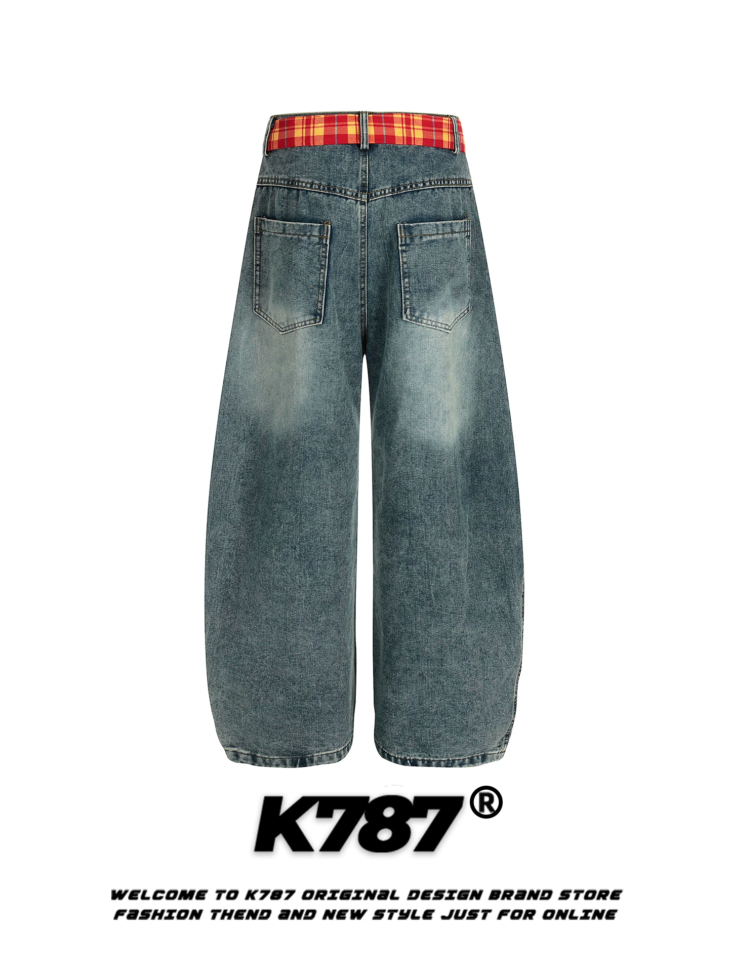 Quần jeans unisex dáng rộng thùng thình phong cách hip-hop cao cấp, họa tiết kẻ caro phối vải thêu, kiểu dáng sao Mỹ K787