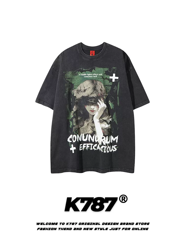 K787 Áo thun ngắn tay phong cách hip-hop cổ điển kiểu Mỹ đã qua xử lý làm cũ dành cho nam và nữ, áo thun cặp đôi ngoại cỡ
