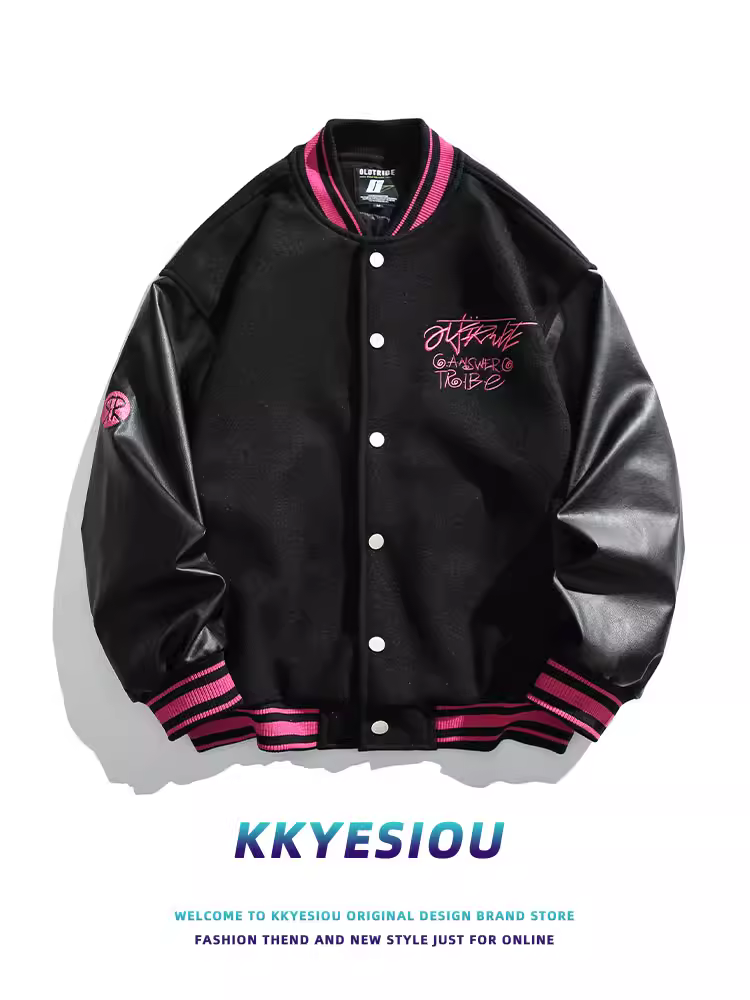 Áo khoác bóng chày phối màu đen hồng kiểu retro Mỹ của thương hiệu KKyesiou dành cho nam và nữ, có tay áo bằng da, kiểu phối ghép, áo khoác đôi.