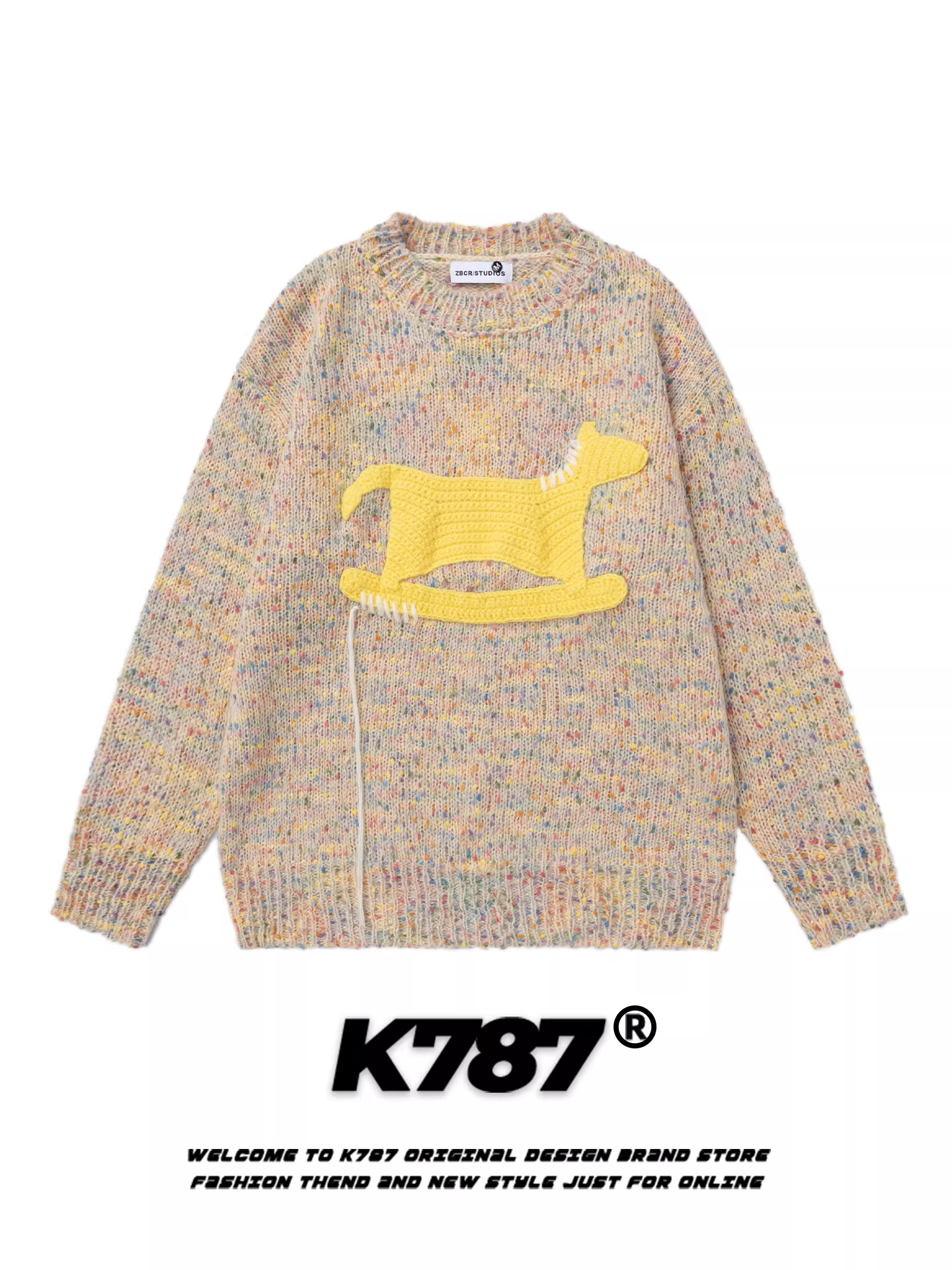 Áo len cổ tròn thêu hình chú chó cổ điển Mỹ K787 dành cho nữ, dáng rộng, áo len ngắn chấm bi nhiều màu sắc, phong cách thường ngày