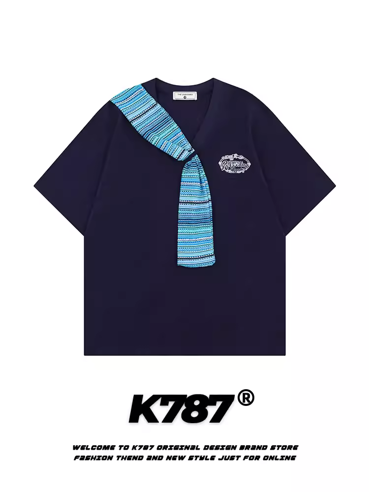 K787 Áo thun ngắn tay phong cách đại học kiểu Mỹ cổ điển dành cho nữ, áo cổ chữ V đa năng dáng rộng phong cách lười biếng dành cho cặp đôi