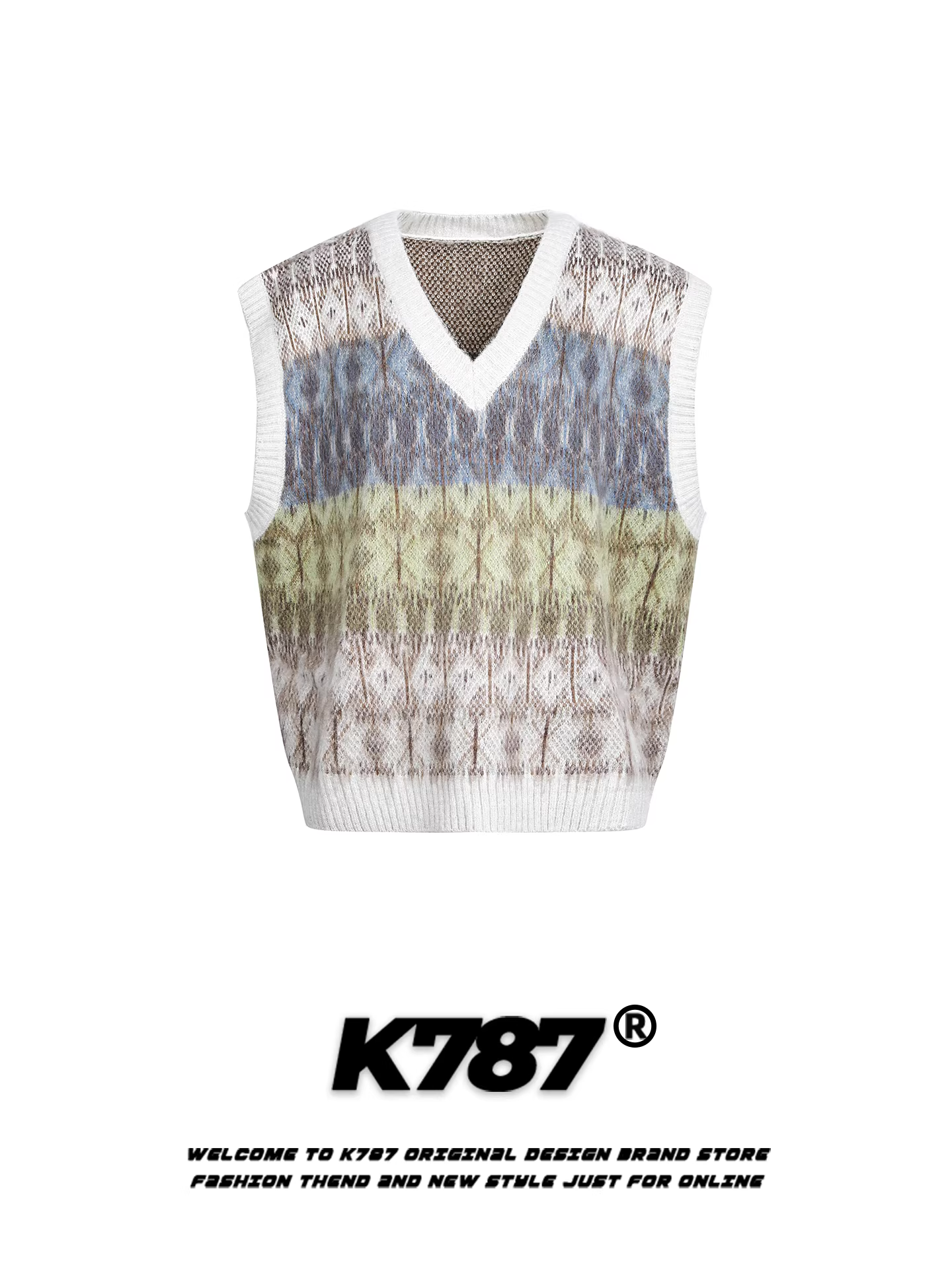 K787 Áo len cổ chữ V màu khối màu theo phong cách retro của Mỹ unisex dáng rộng theo xu hướng quốc gia áo vest dệt kim không tay xếp lớp dành cho cặp đôi