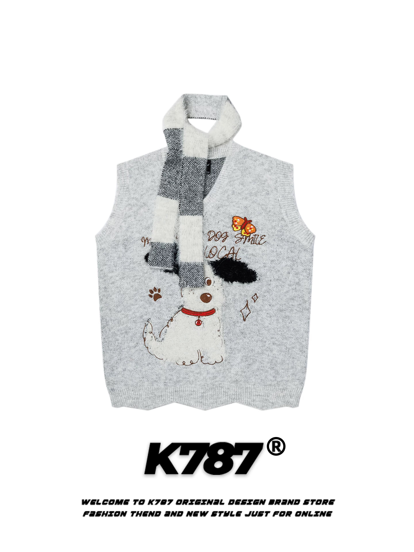 Áo len dệt kim cổ V không tay kiểu dáng hoạt hình chó phong cách đường phố Mỹ K787, unisex, dáng rộng, kiểu vest