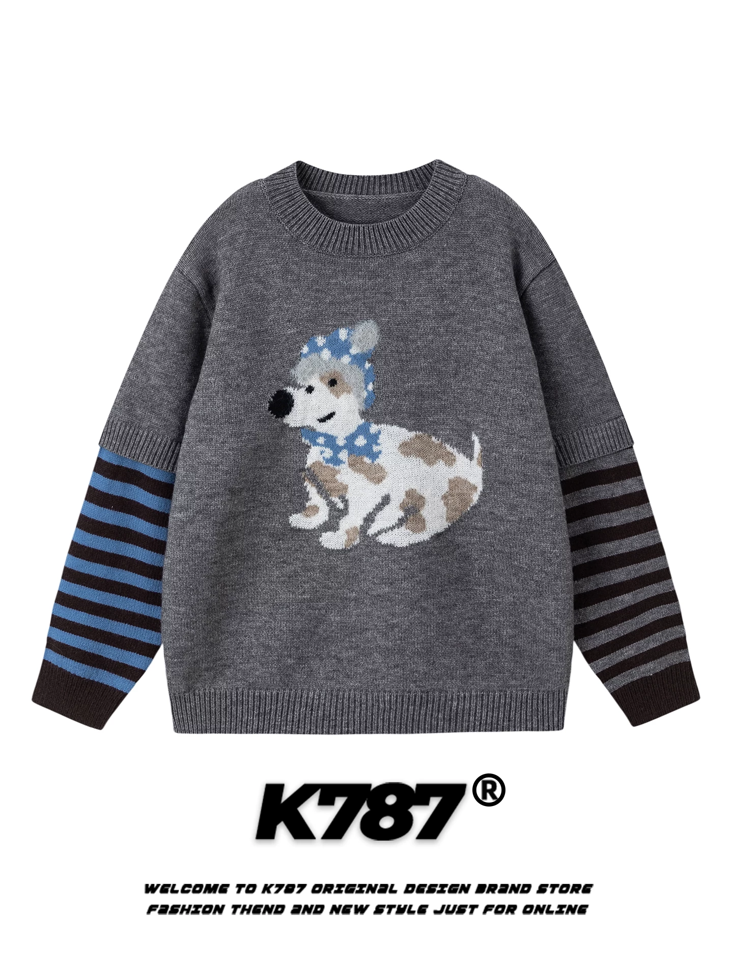 Áo len dệt kim giả hai mảnh kiểu Mỹ cổ điển K787, họa tiết chó, unisex, sọc, dáng rộng, đa năng, phong cách thường ngày