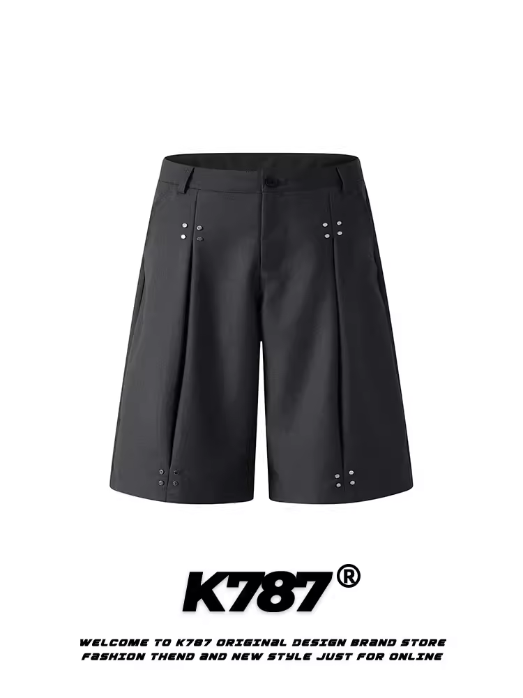 K787 Quần short giản dị theo xu hướng dân tộc kiểu Mỹ có đính nút theo phong cách retro dành cho nam, quần cắt ngắn phong cách đường phố, quần âu ống đứng lưng cao