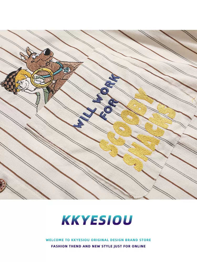 Áo sơ mi ngắn tay sọc phong cách retro Mỹ KKyesiou, unisex, thêu họa tiết, đa năng, áo đôi, áo khoác mùa hè