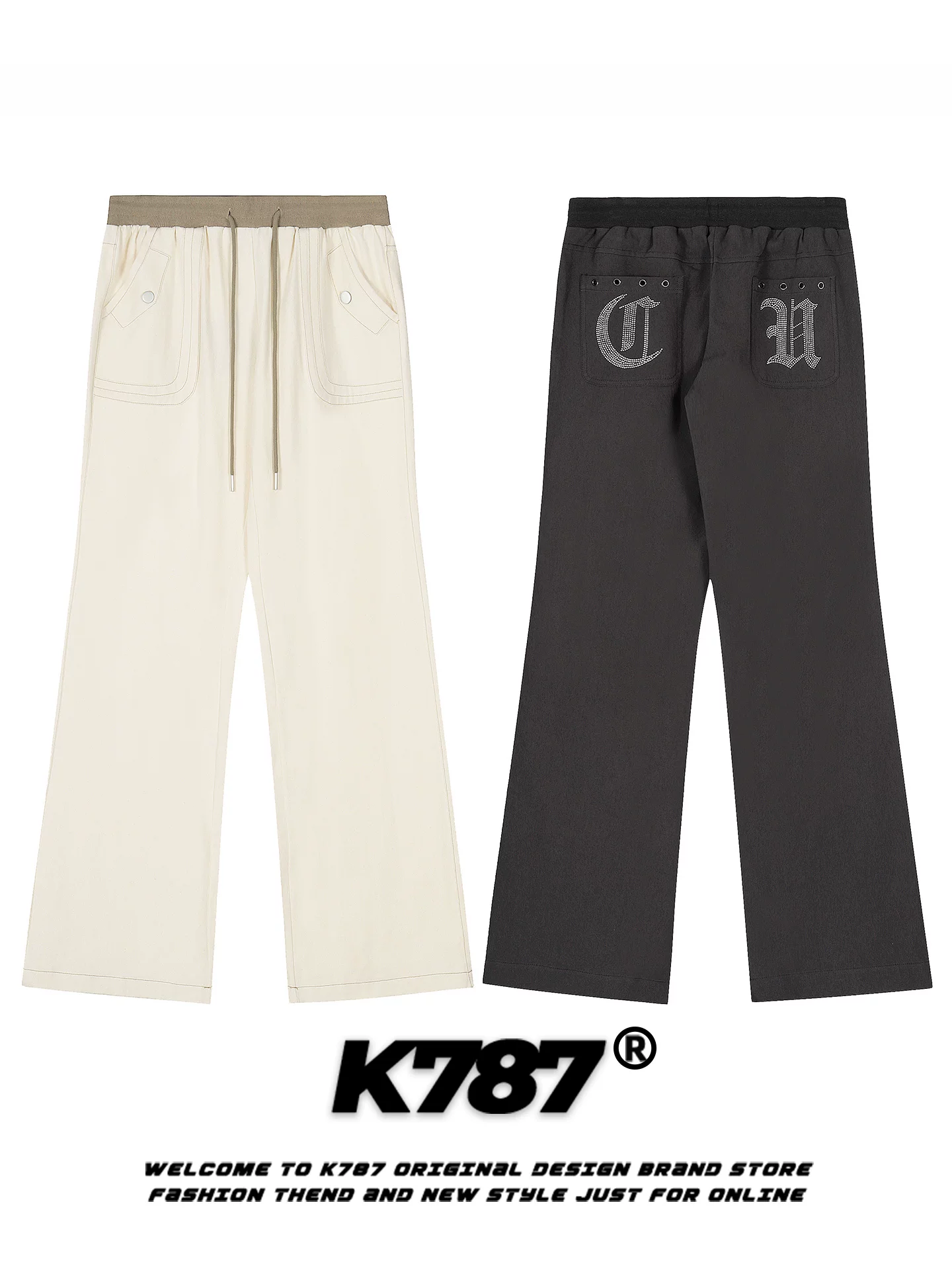 K787 Quần thường ngày kiểu dáng cổ điển của Mỹ có đính kim cương giả ở phía sau, quần ống rộng dáng rộng có cạp cao, kiểu dáng đường phố dành cho nam và nữ