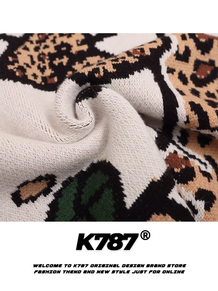 K787 thiết kế độc đáo họa tiết da báo Hello Kitty vui nhộn dệt kim unisex kiểu Mỹ cổ điển dopamine áo len cặp đôi