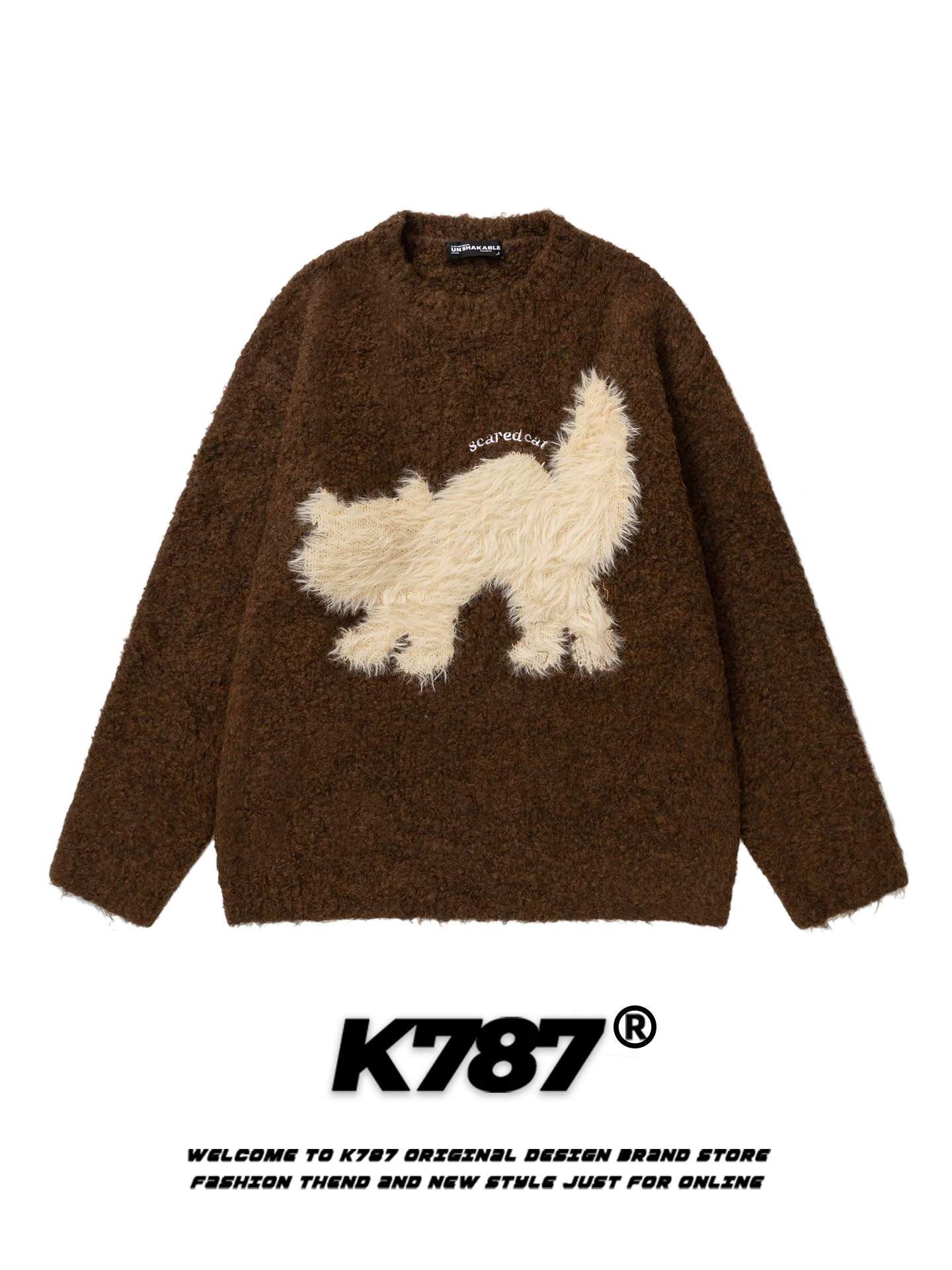 Áo len dệt kim thêu họa tiết mèo phong cách đường phố Mỹ K787, kiểu dáng unisex, cổ điển, thoải mái, rộng rãi, dành cho cặp đôi