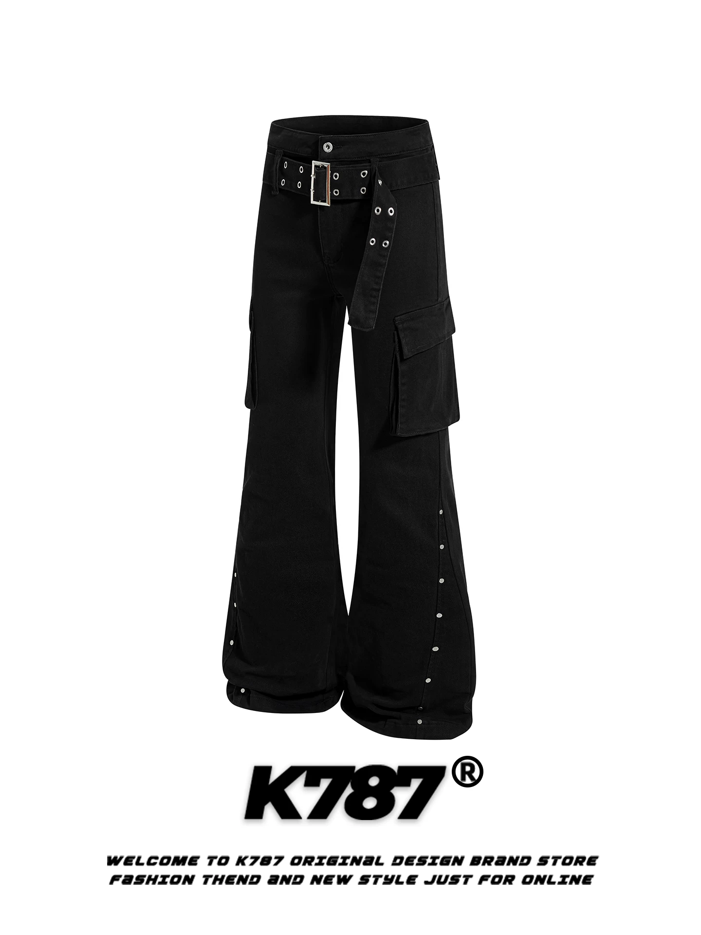 Quần jeans ống loe kiểu Mỹ cổ điển 1K787, trang trí đinh tán, dành cho nam và nữ, nhiều túi, cạp cao, thương hiệu thời trang đường phố, quần ống rộng