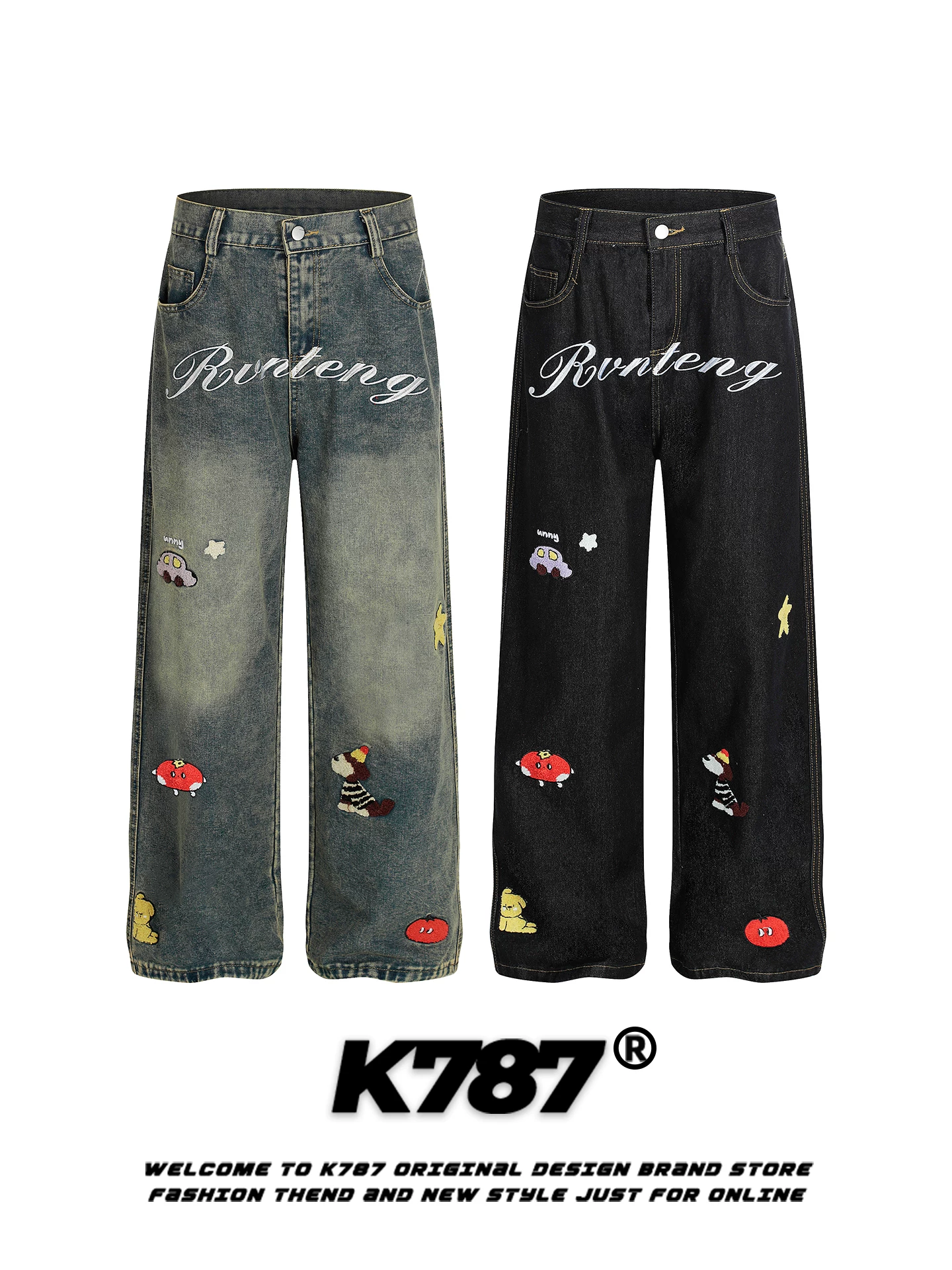 Quần jeans unisex cạp cao, dáng thẳng, chất liệu washed vintage, phong cách đường phố Mỹ, thêu hình hoạt hình chó, thương hiệu thời thượng K787.